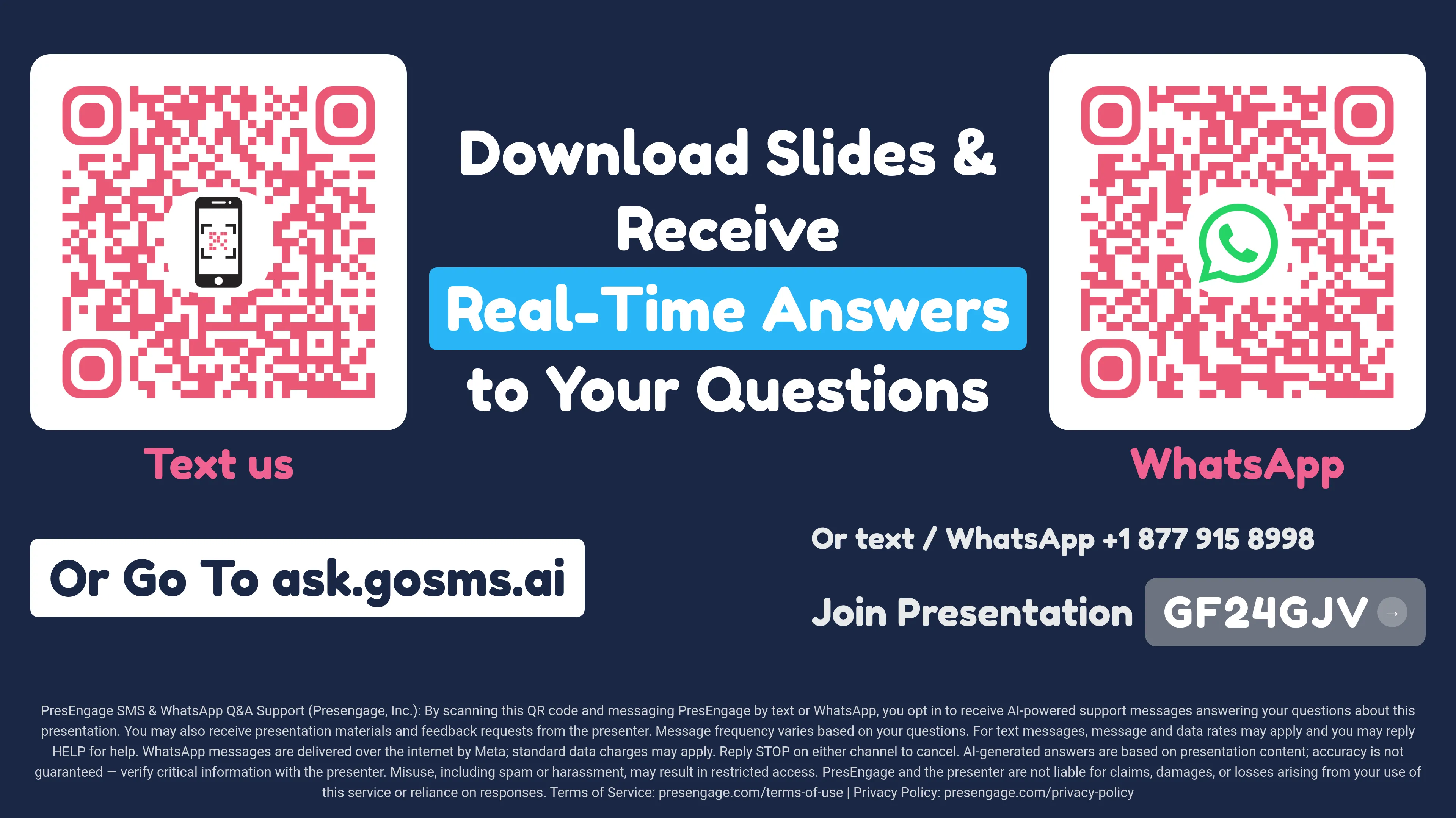 Presentation slide with two QR codes, one for texting and one for WhatsApp