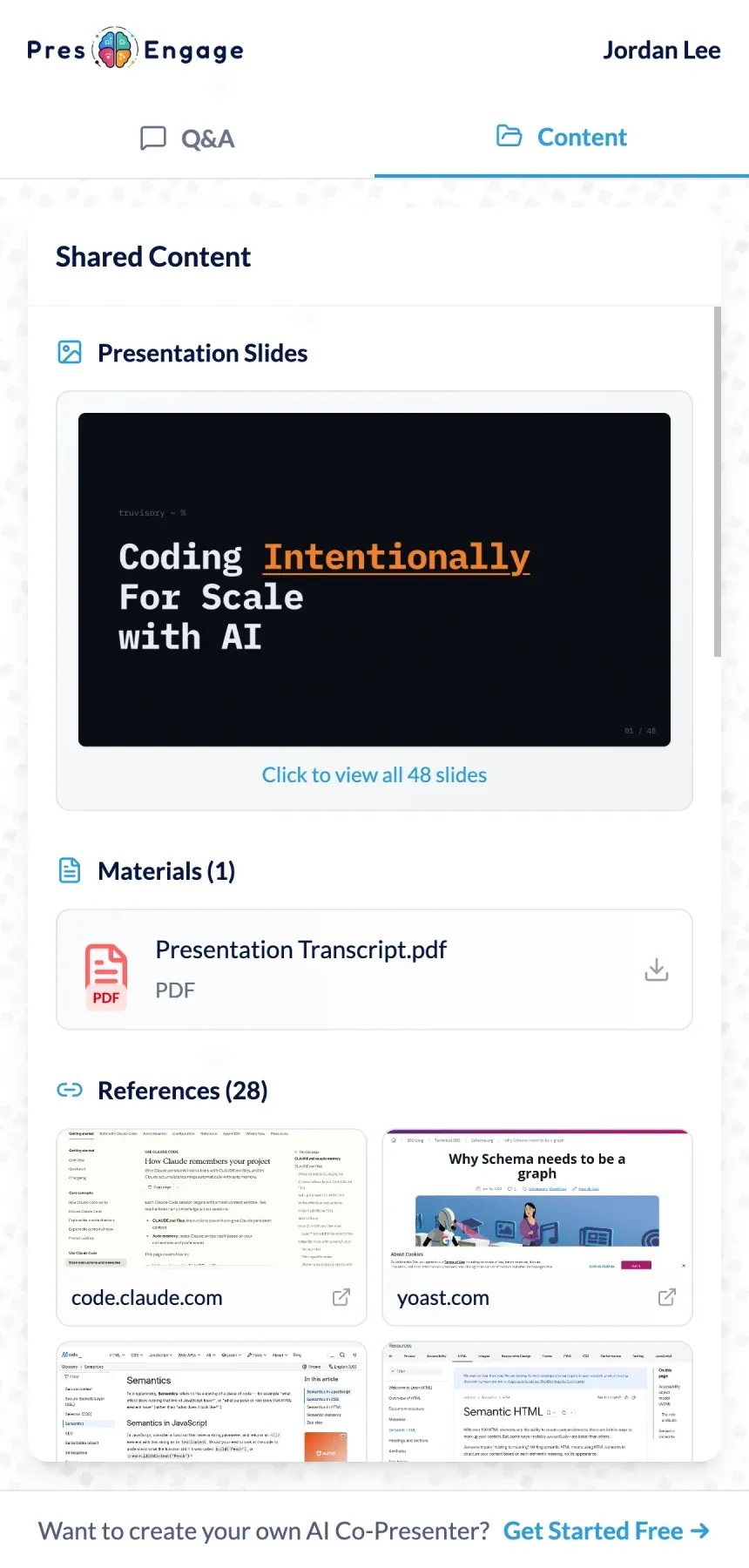 Audiences view shared slides, materials, and reference links in any browser while the AI answers from your content