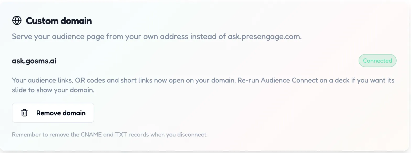 The Address Bar Says Your Company The Custom domain card in Profile Settings showing ask.gosms.ai with a green Connected chip