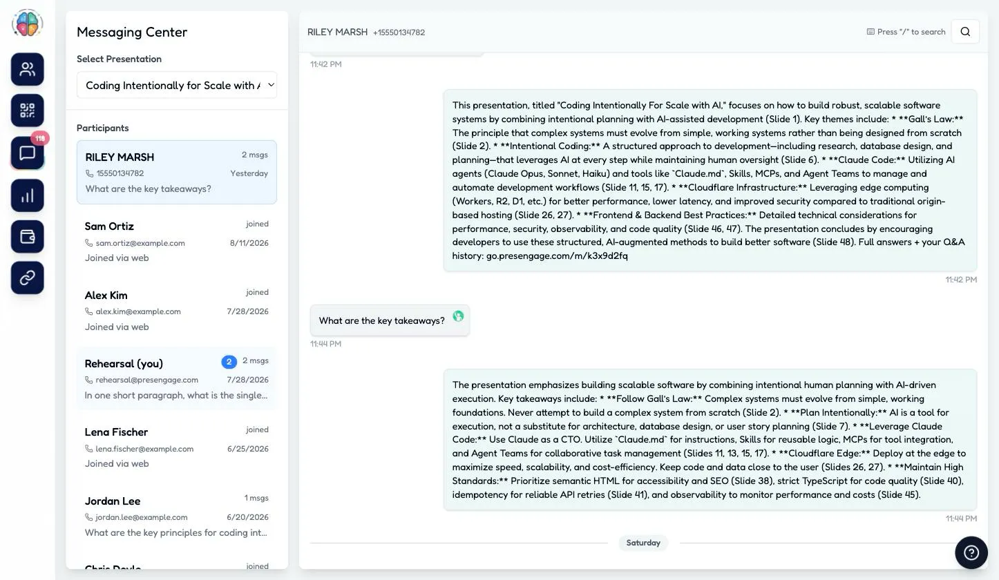 Reach the Audience SMS Can't — Live AI Q&A on WhatsApp The PresEngage Messaging Center showing a live WhatsApp Q&A thread with AI answers citing slides