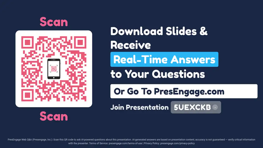 PresEngage live Q&A connect slide — scan the QR code to join presentation 5UEXCKB and ask the AI Co-Presenter questions.
