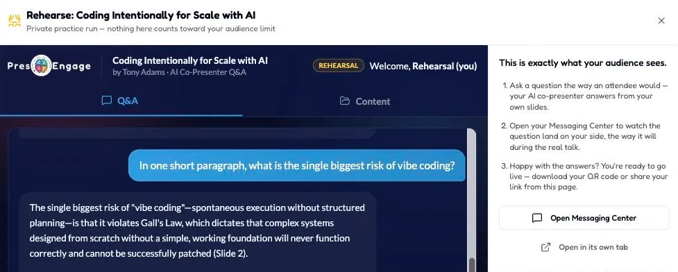The PresEngage Rehearse dialog: a presenter asks their own deck a question and the AI Co-Presenter answers with a slide citation, flagged REHEARSAL