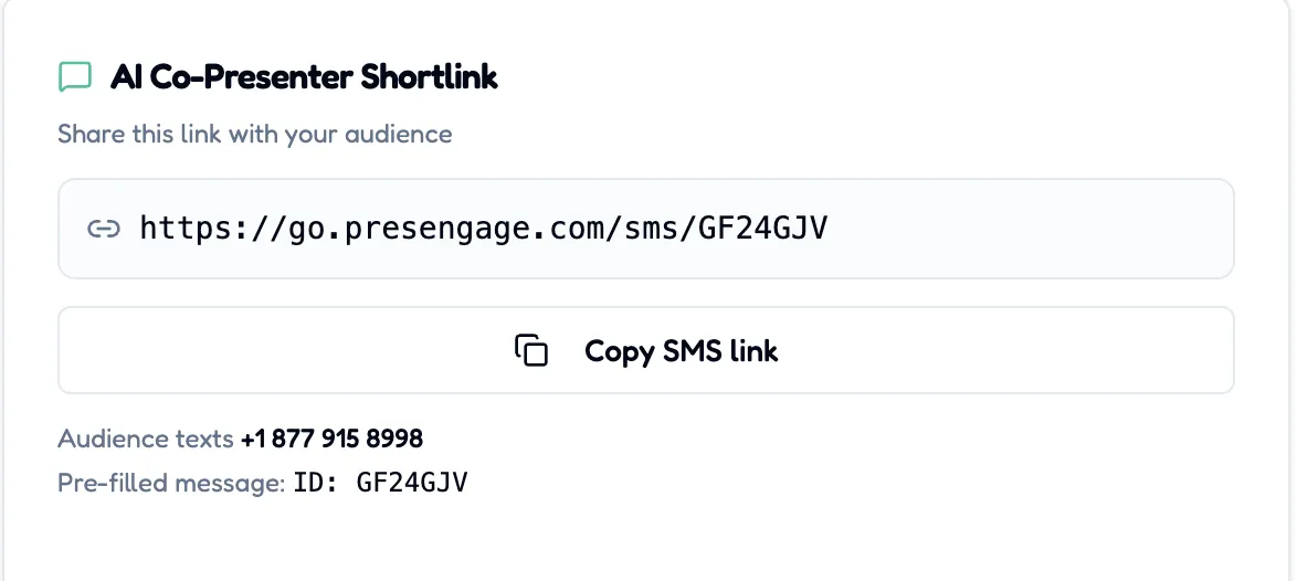 Ready screen showing the SMS join short link