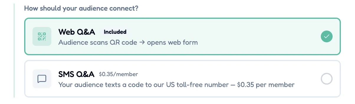 Presenter tools step showing Web Q&A included and SMS Q&A as a per-member option