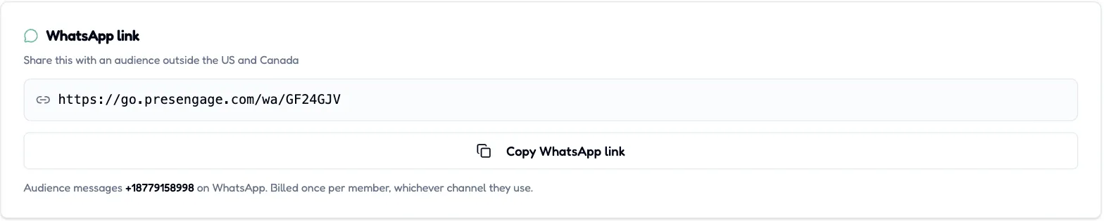 With the SMS + WhatsApp add-on enabled (Present In-Person or Present Everywhere), every presentation gets a shareable WhatsApp join link -- and a member is billed once, whichever channel they use. The WhatsApp join link card with the per-member billing note