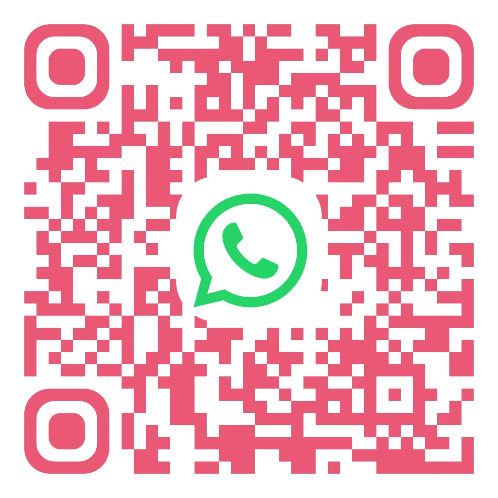 The WhatsApp code opens a chat with your join message already written. A WhatsApp QR code with the WhatsApp glyph at its centre