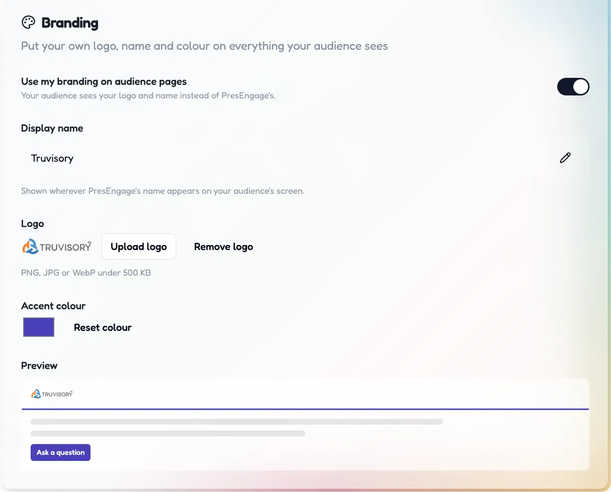 What your audience sees The Branding card in Profile Settings with logo upload, display name, accent colour and live preview