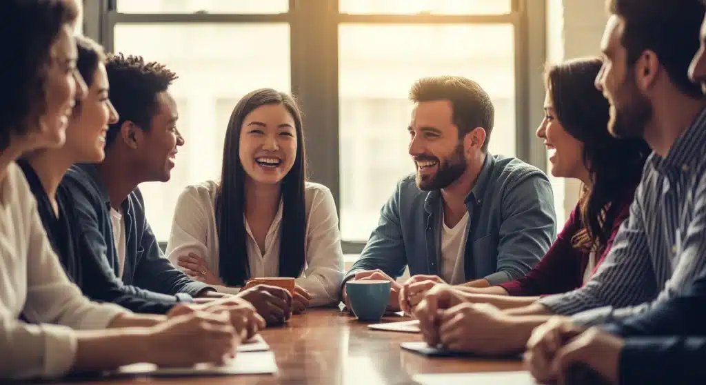 A Group of Employees Sitting Around a Table Laughing