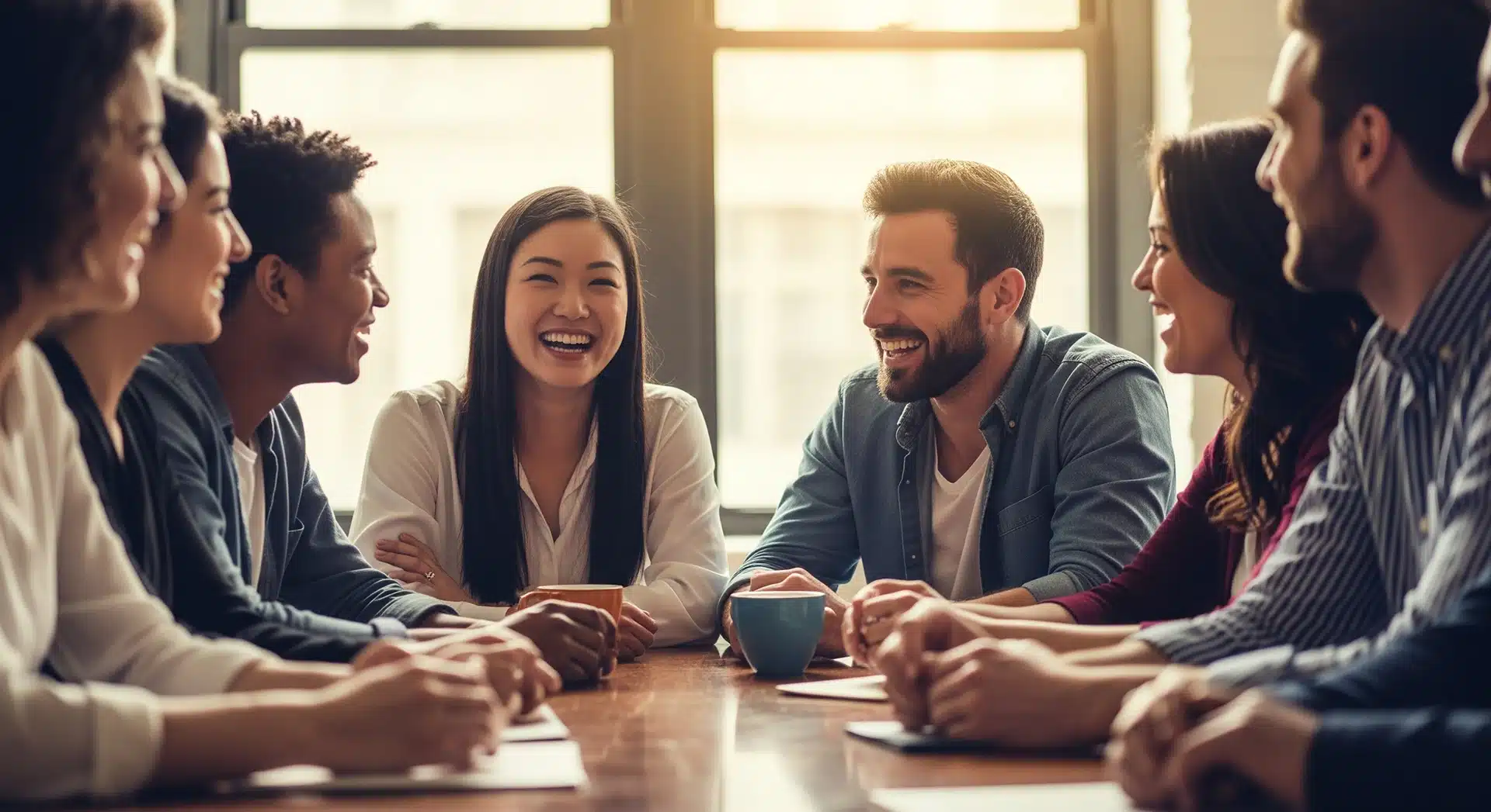 A Group of Employees Sitting Around a Table Laughing