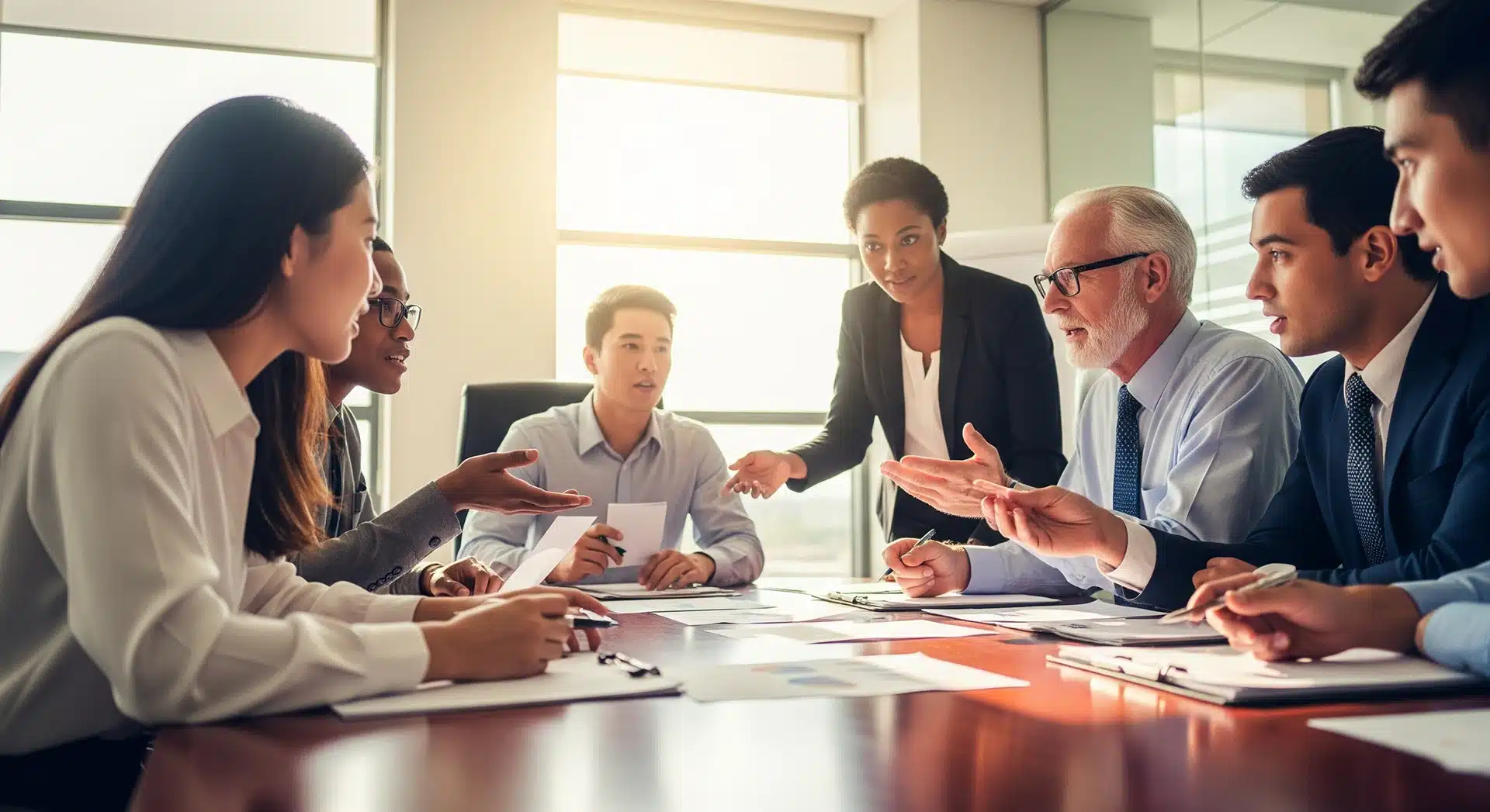 A group of people at a desk having a meeting