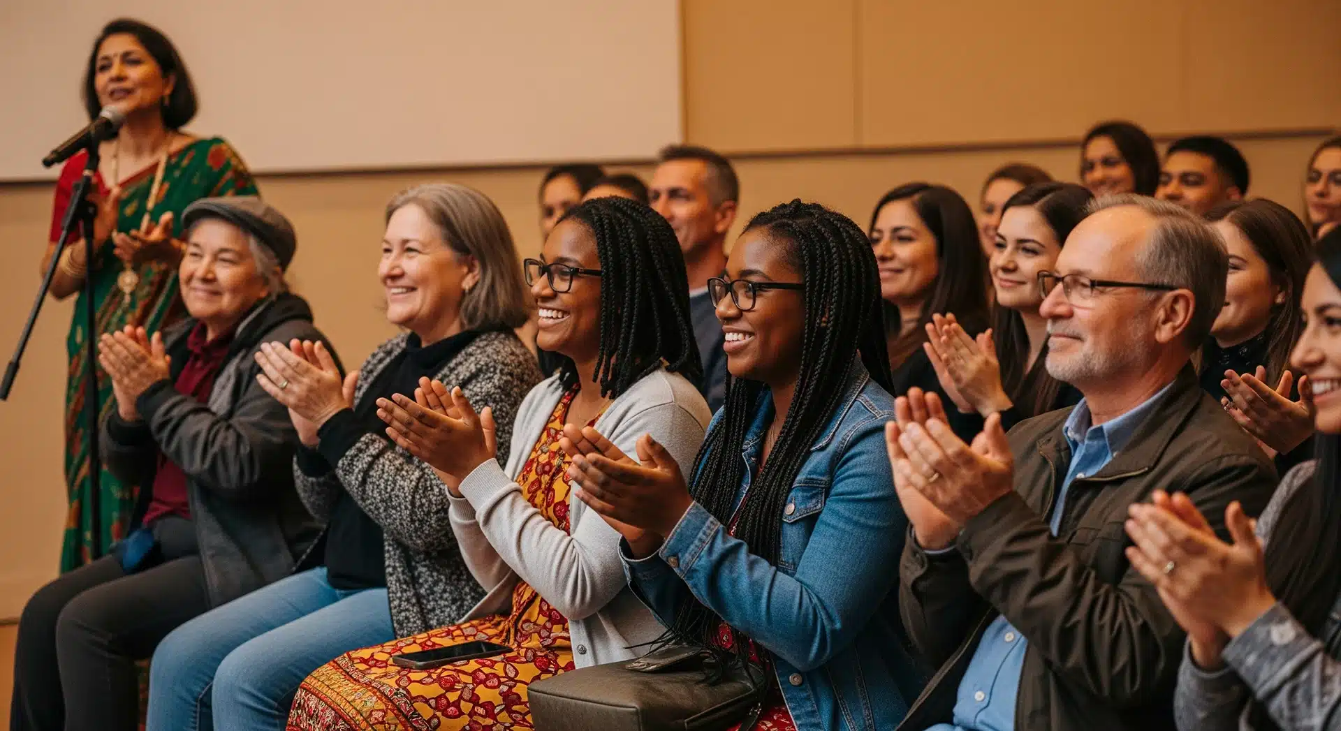 A group of people clapping their hands for a speaker