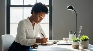 A Woman Sitting at Her Desk Writing in her Notebook