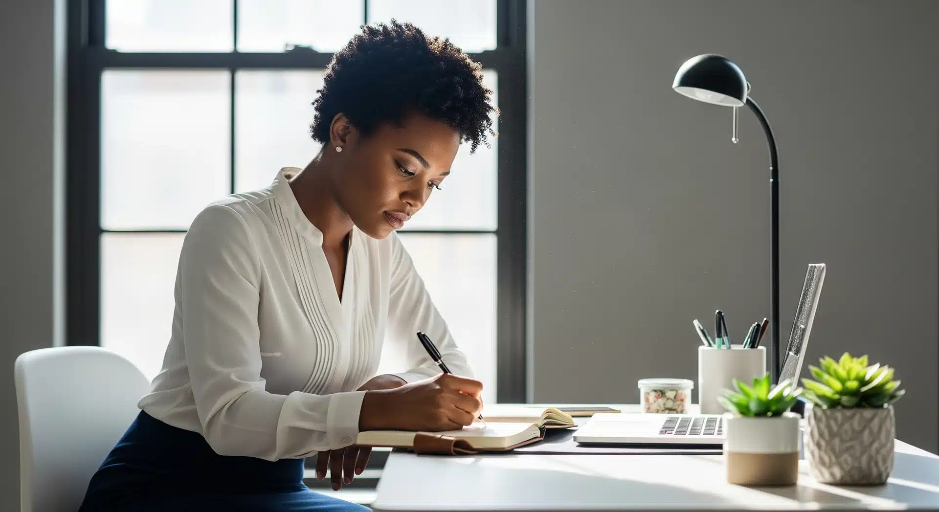A Woman Sitting at Her Desk Writing in her Notebook