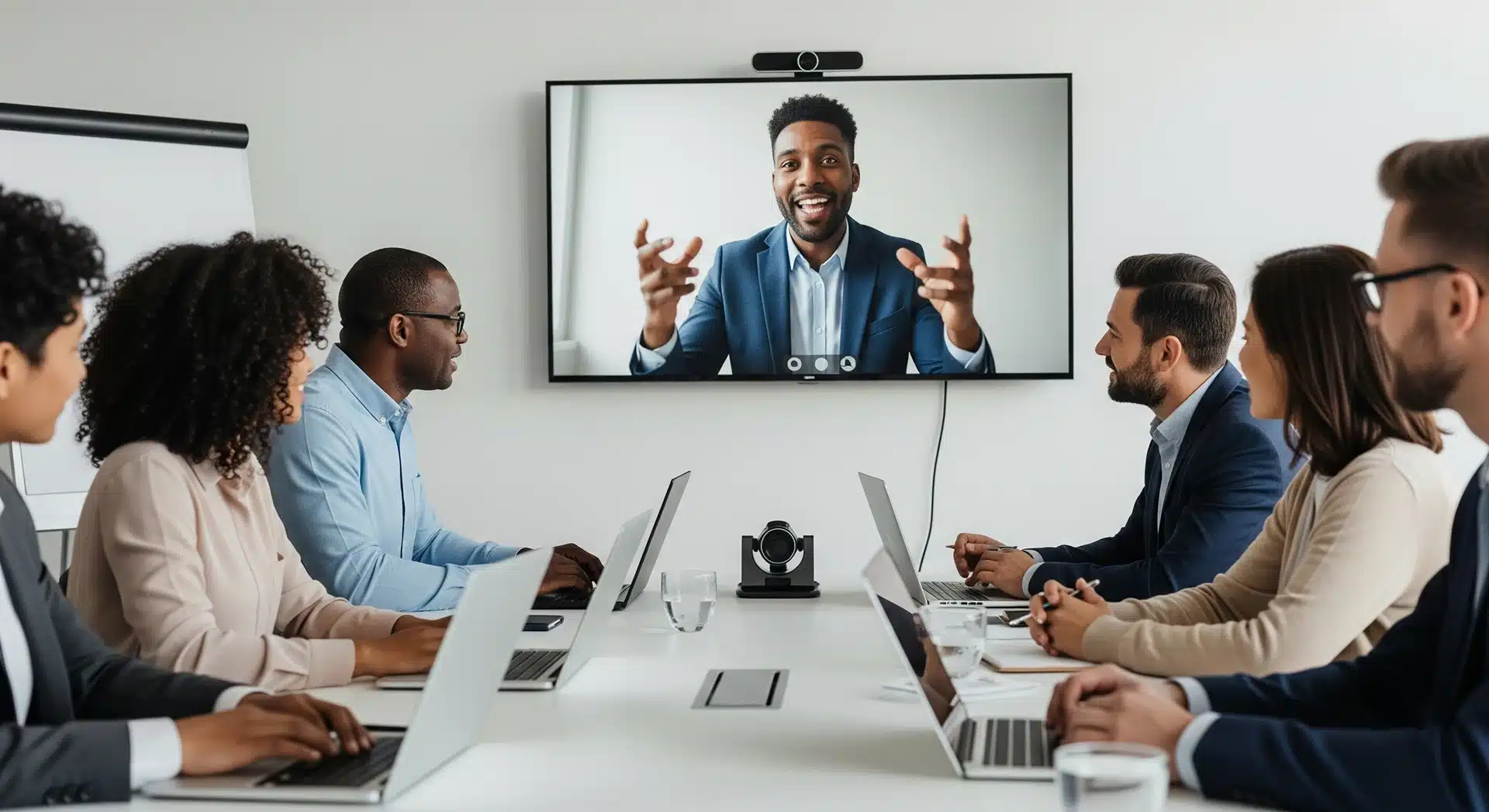 People at a Table Having a Meeting with Someone Virtually