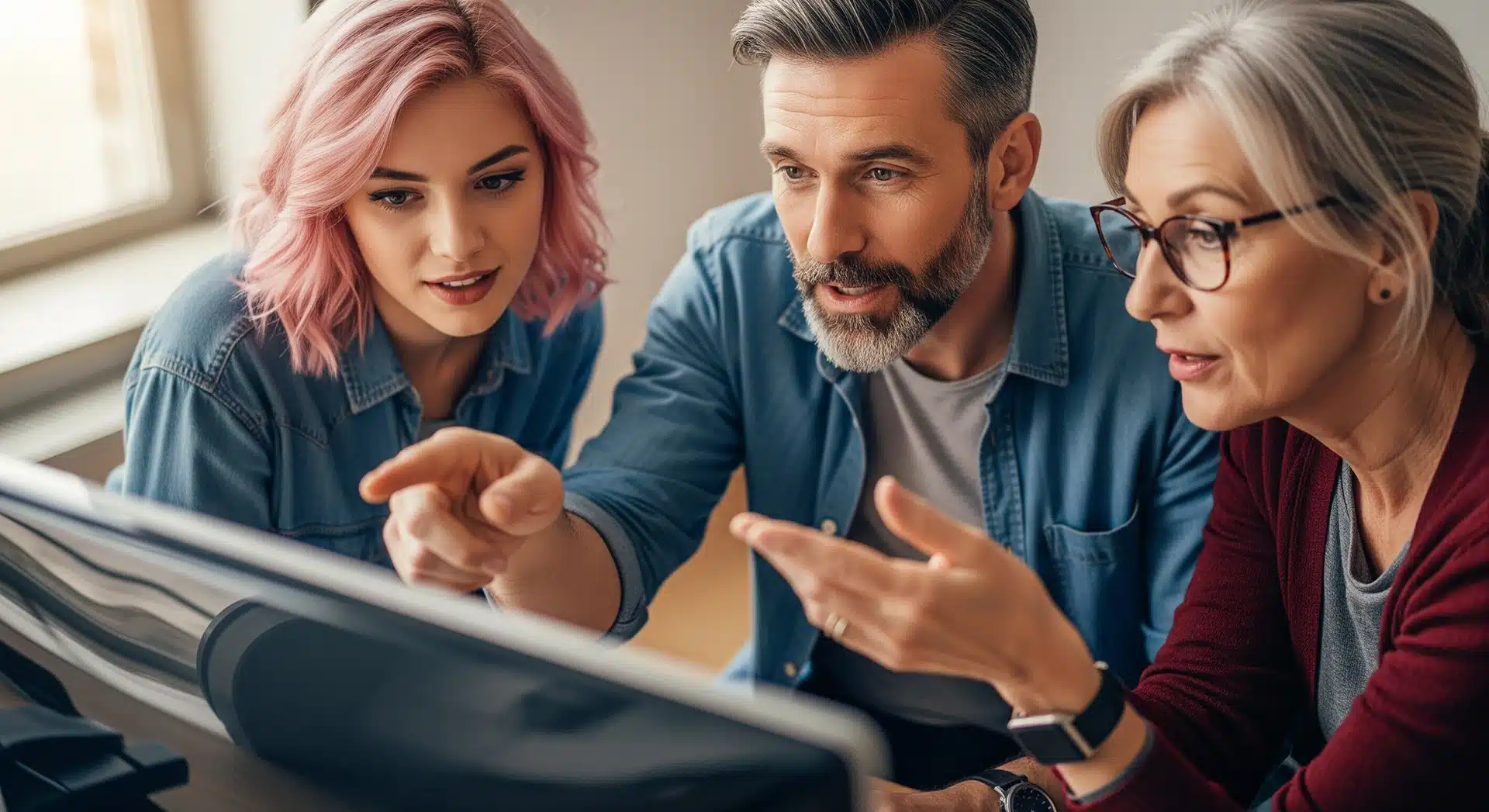 Three People Looking at a Computer and Talking