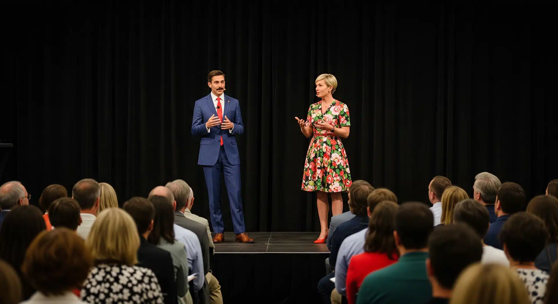 Two People talking on Stage to a Large Group of People