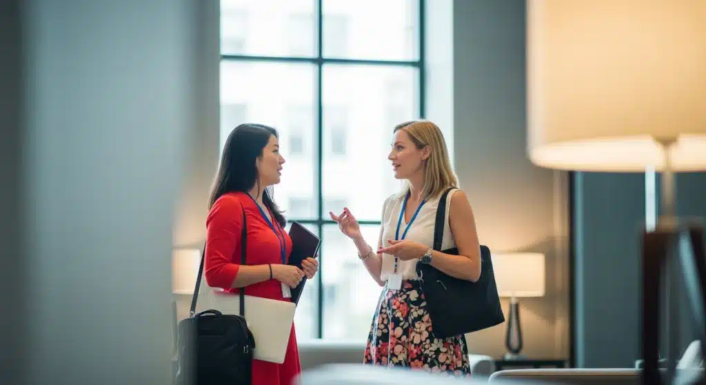 Two Women Talking Before a Meeting